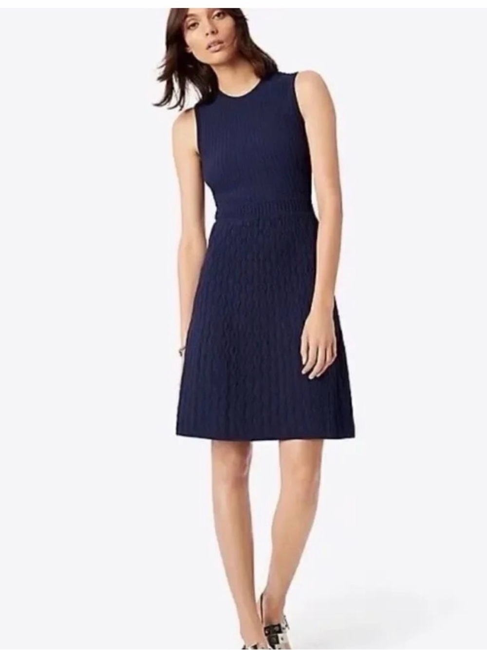 Tory Burch Liam Dress Tory Navy Fit & Flare Textured Knit Preppy Quiet Luxury L